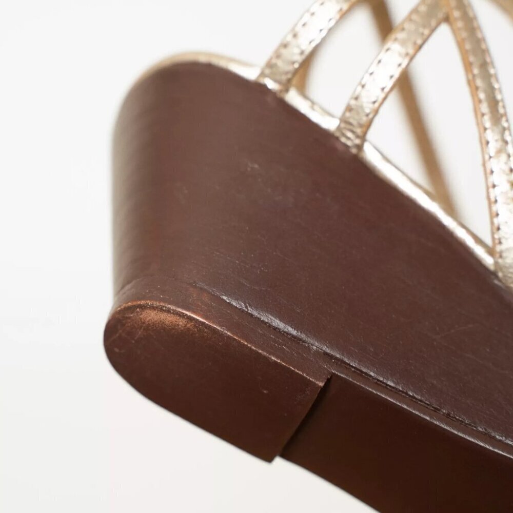 Caron Callahan Sandals Leather Gold Metallic Strappy Wedge Heel Estie - Picture 14 of 15